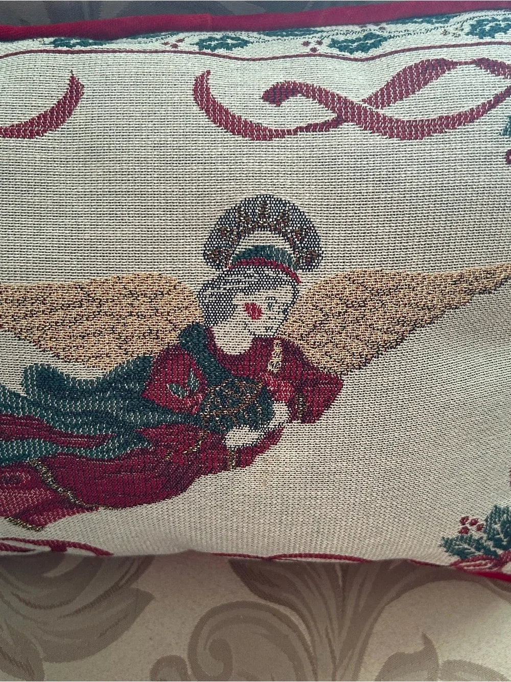 Needlepoint Tapestry Angel Christmas Throw Pillow Holiday Home Decor Holly Red